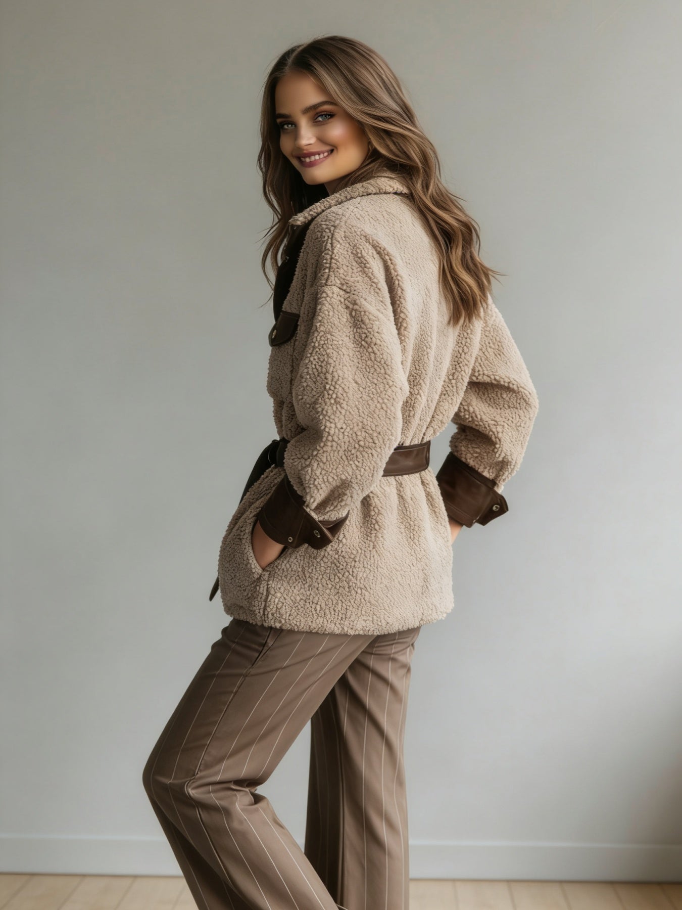 Giacca vintage con interno effetto montone, dettagli in ecopelle e cintura in vita.