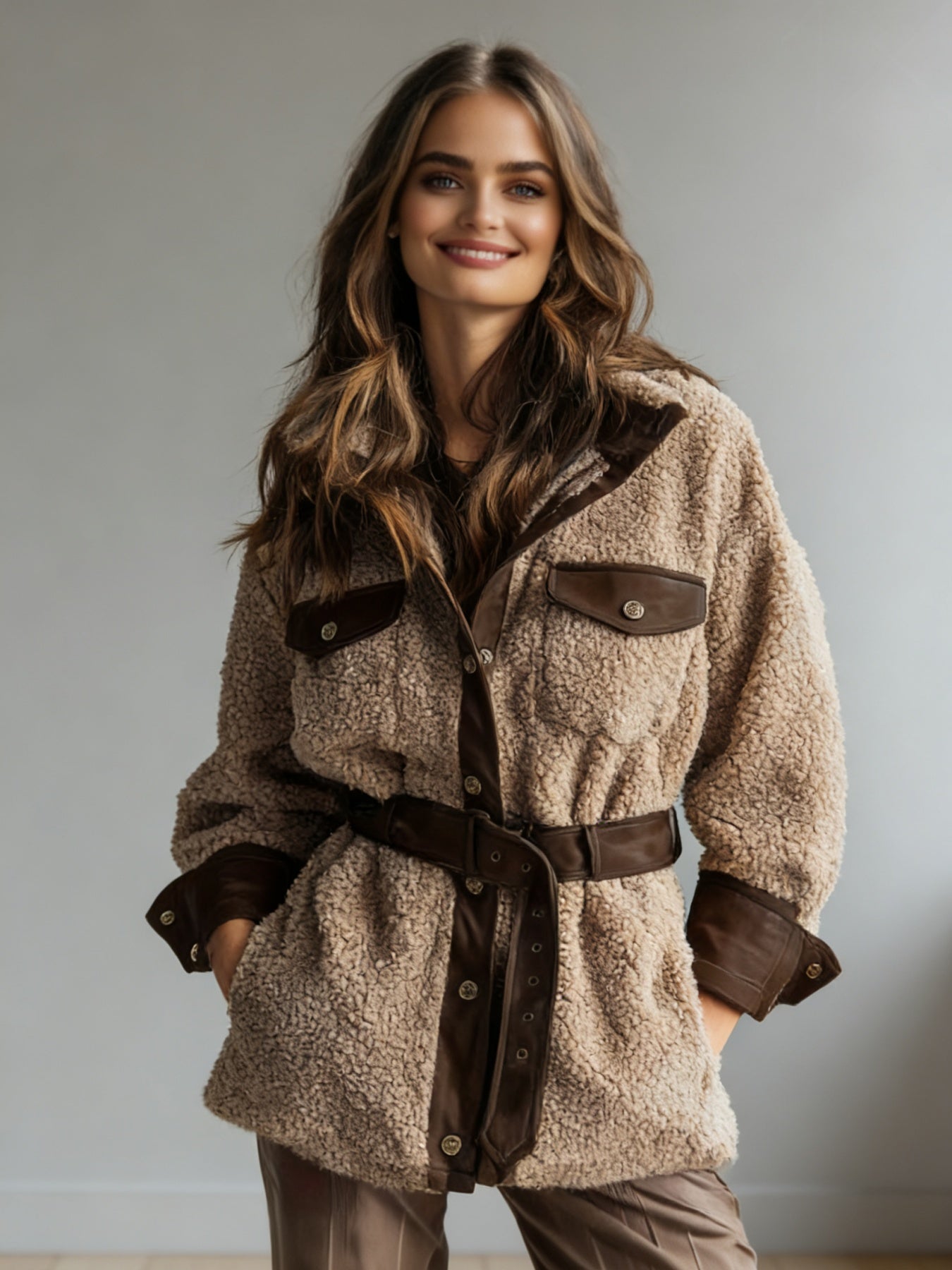 Giacca vintage con interno effetto montone, dettagli in ecopelle e cintura in vita.