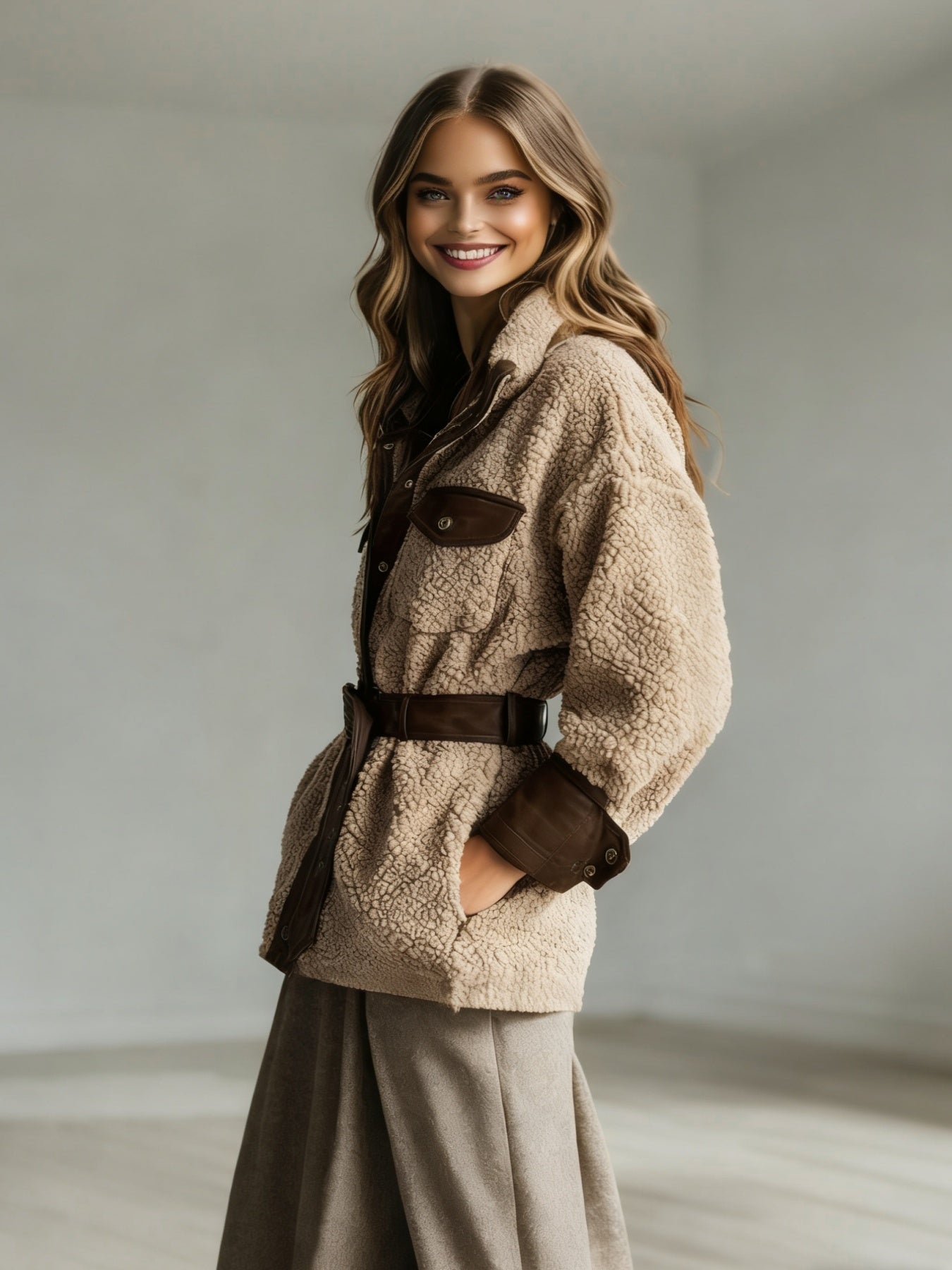 Giacca vintage con interno effetto montone, dettagli in ecopelle e cintura in vita.